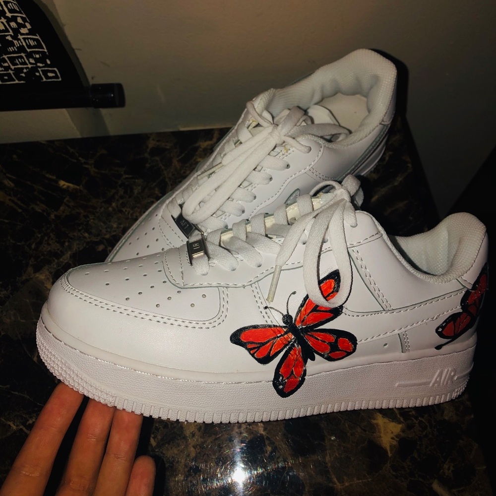 White AF1 Dupes with hand-painted butterfly detail